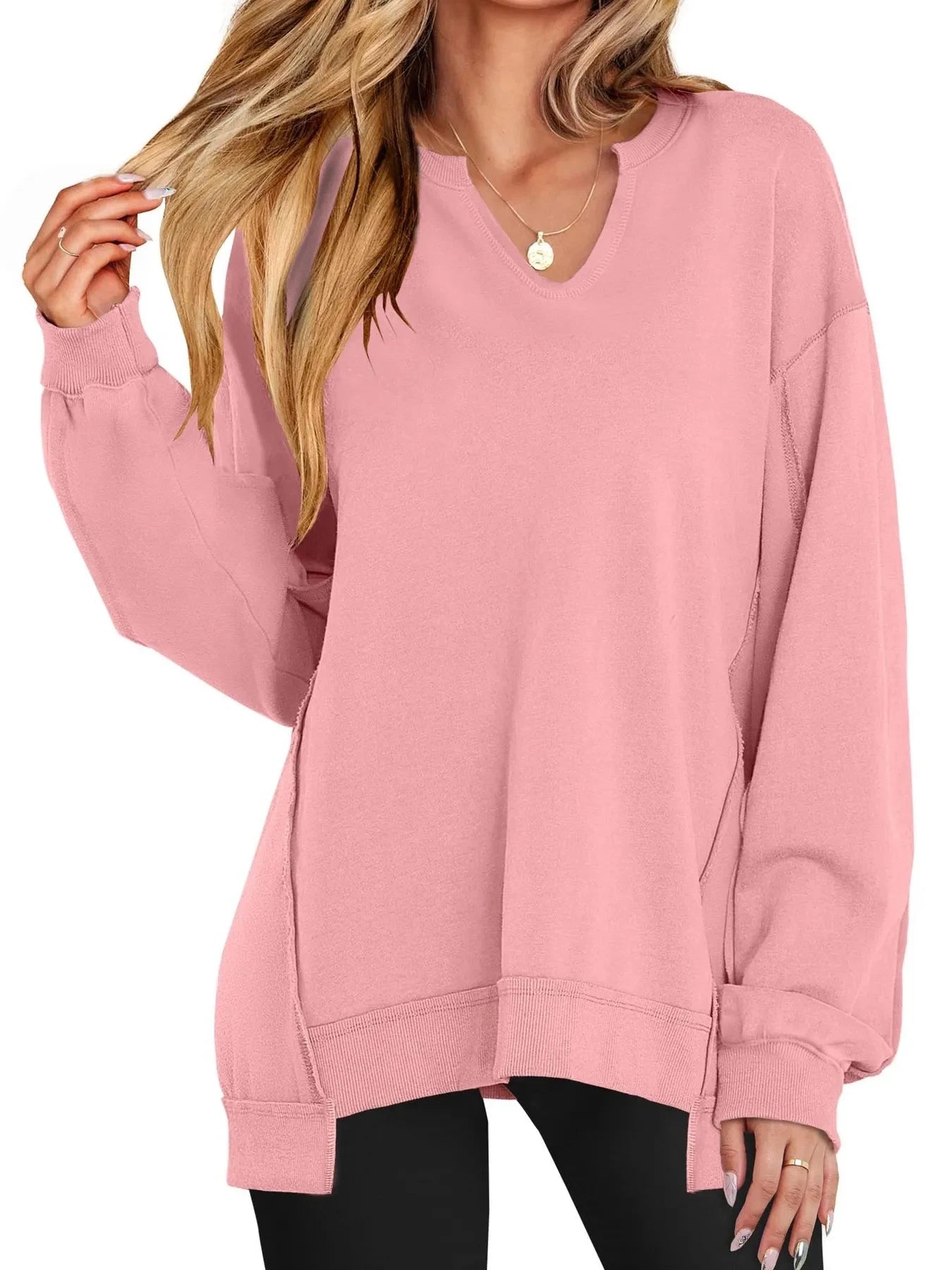 Notched Long Sleeve Oversized Sweatshirt Pink / S