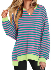 Notched Long Sleeve Oversized Sweatshirt Rose Stripes / S