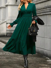 Notched Long Sleeve Tiered Dress