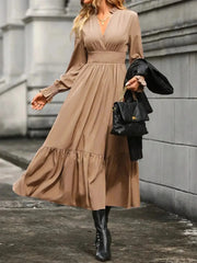 Notched Long Sleeve Tiered Dress