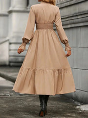 Notched Long Sleeve Tiered Dress
