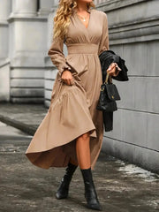 Notched Long Sleeve Tiered Dress
