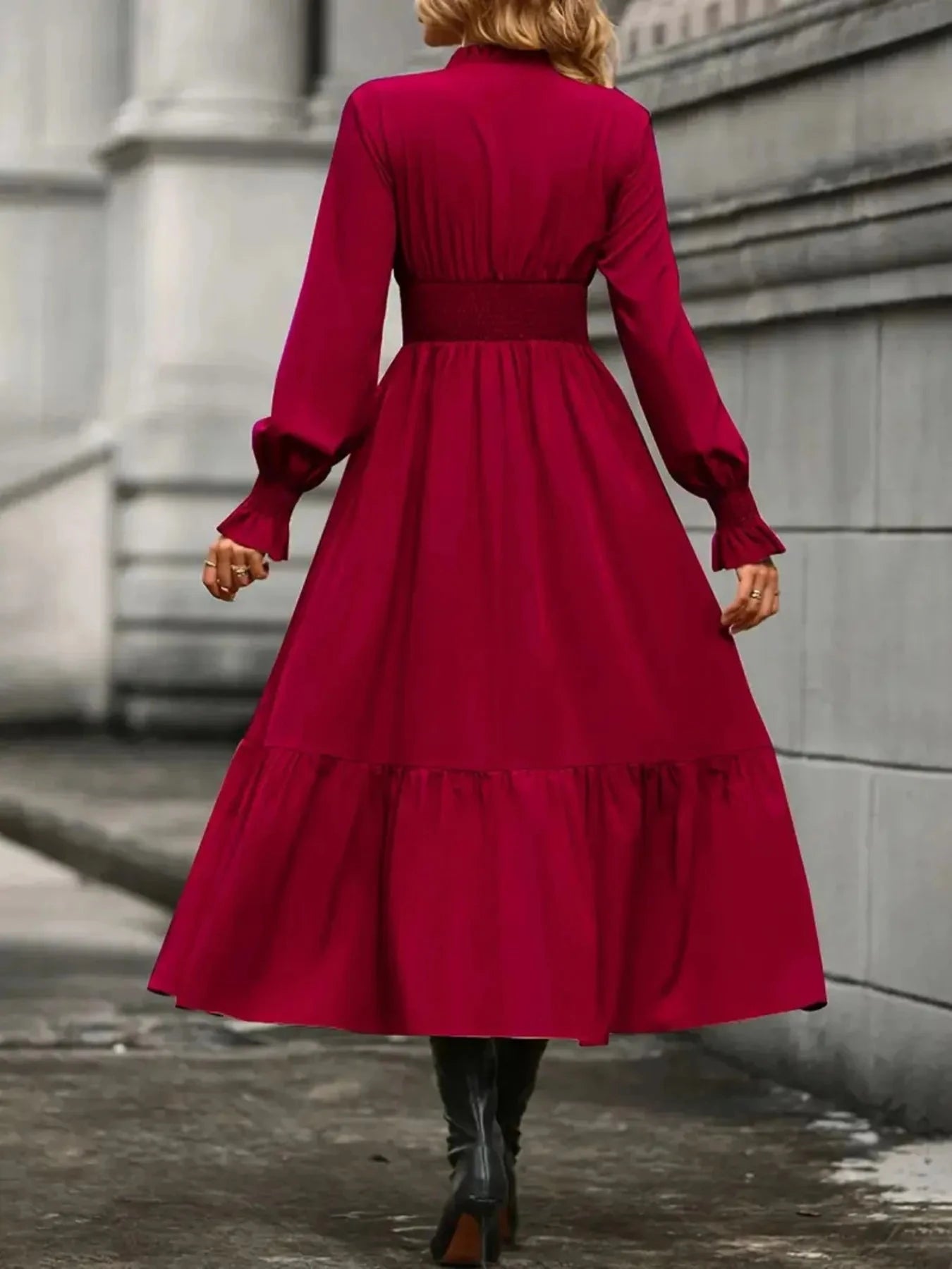 Notched Long Sleeve Tiered Dress