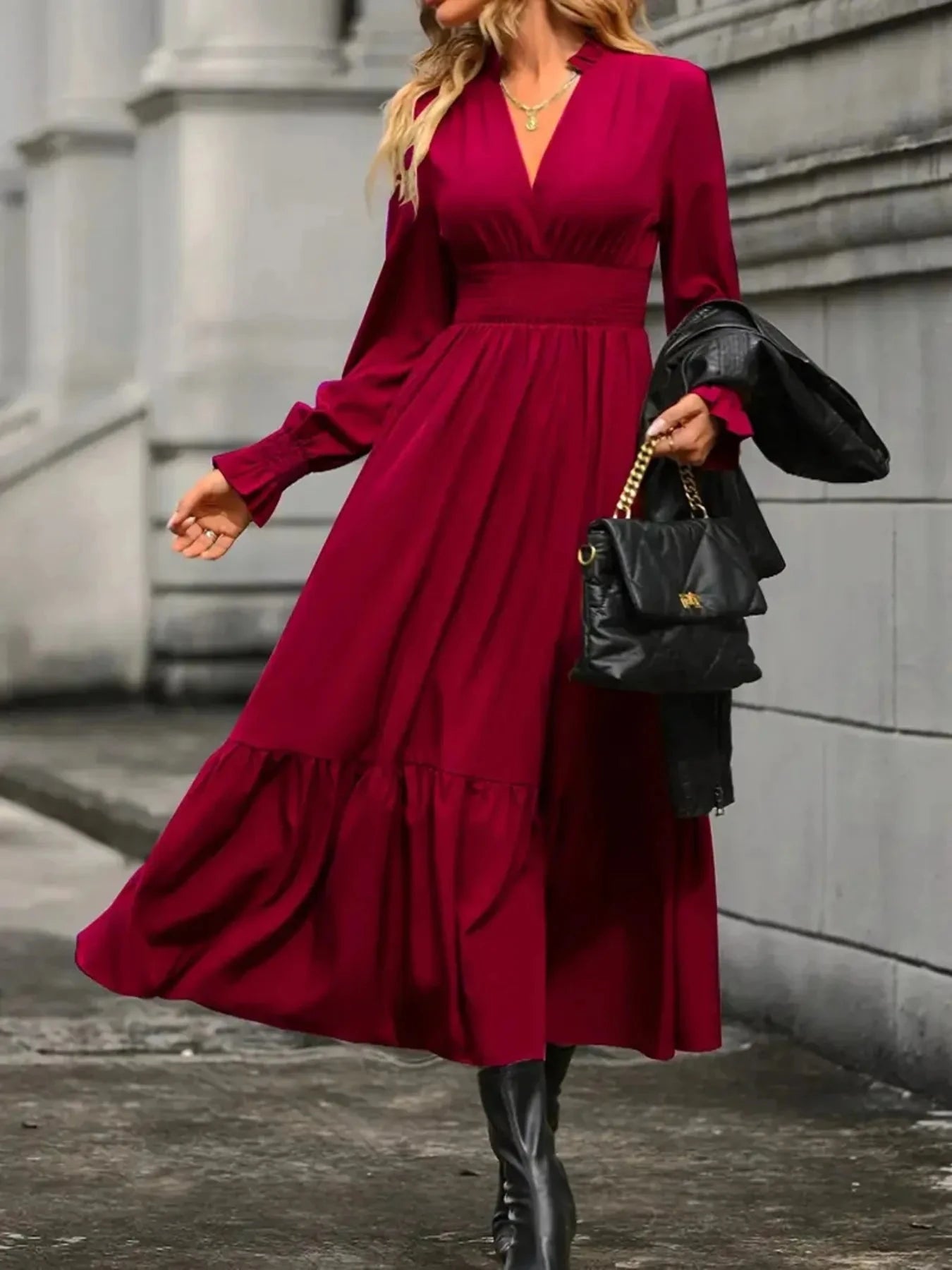 Notched Long Sleeve Tiered Dress