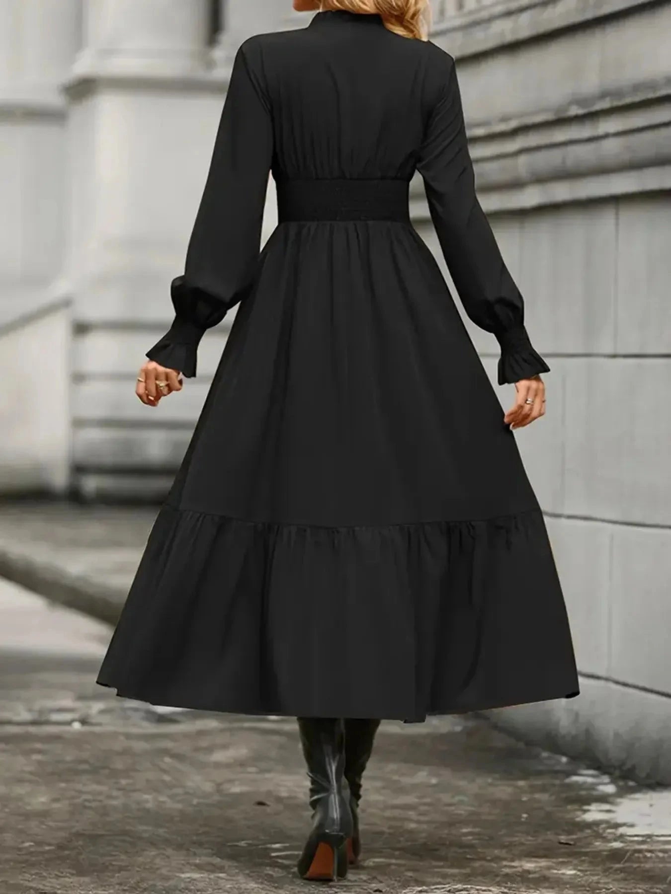 Notched Long Sleeve Tiered Dress