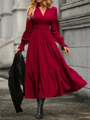 Notched Long Sleeve Tiered Dress