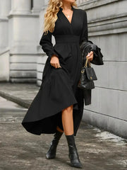 Notched Long Sleeve Tiered Dress