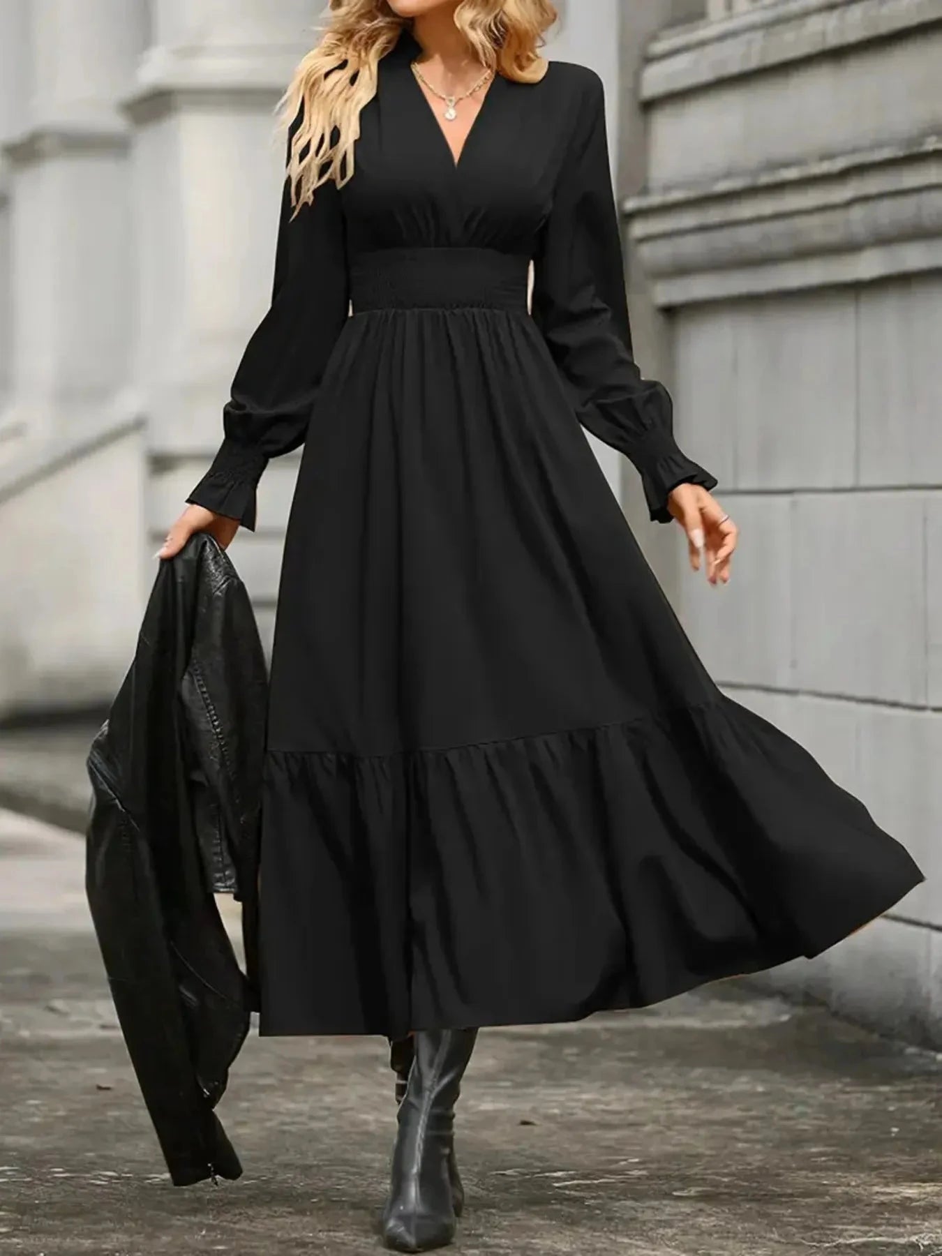 Notched Long Sleeve Tiered Dress Black / S
