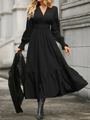 Notched Long Sleeve Tiered Dress Black / S
