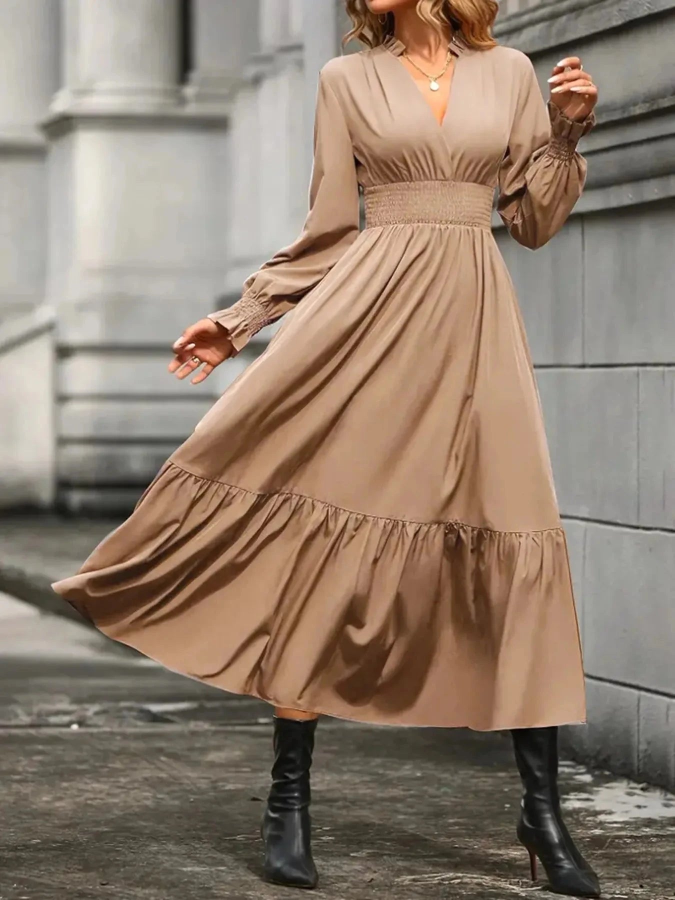 Notched Long Sleeve Tiered Dress Burgundy / S