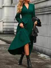 Notched Long Sleeve Tiered Dress Green / S