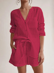 Notched Long Sleeve Top and Shorts Set Cerise / S