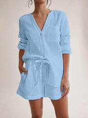Notched Long Sleeve Top and Shorts Set Light Blue / S