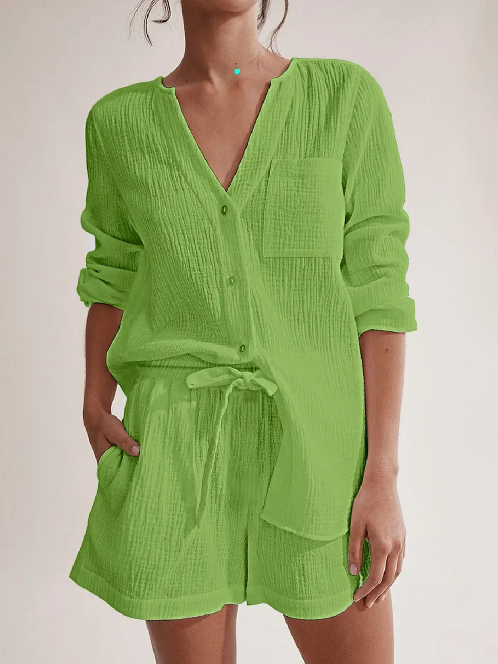 Notched Long Sleeve Top and Shorts Set Lime / S