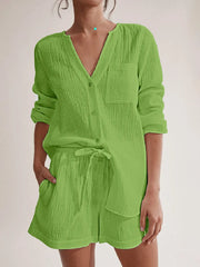 Notched Long Sleeve Top and Shorts Set Lime / S