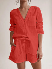 Notched Long Sleeve Top and Shorts Set Orange-Red / S