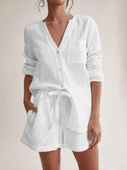 Notched Long Sleeve Top and Shorts Set White / S