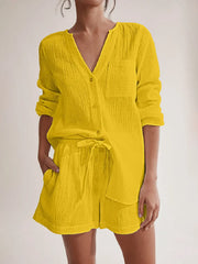 Notched Long Sleeve Top and Shorts Set Yellow / S