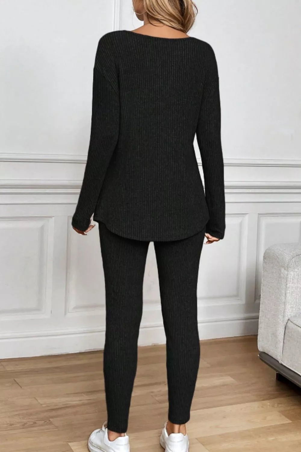 Notched Long Sleeve Top & Pants Set