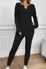 Notched Long Sleeve Top & Pants Set