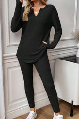 Notched Long Sleeve Top & Pants Set Black / S