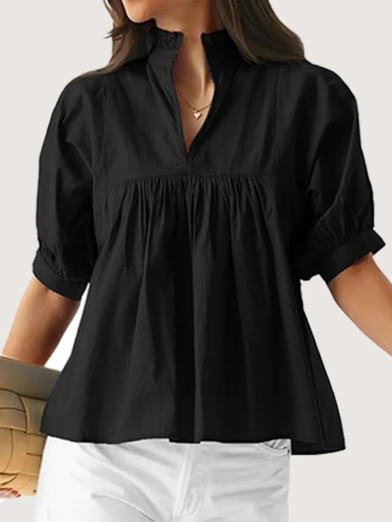 Notched Puff Sleeve Blouse