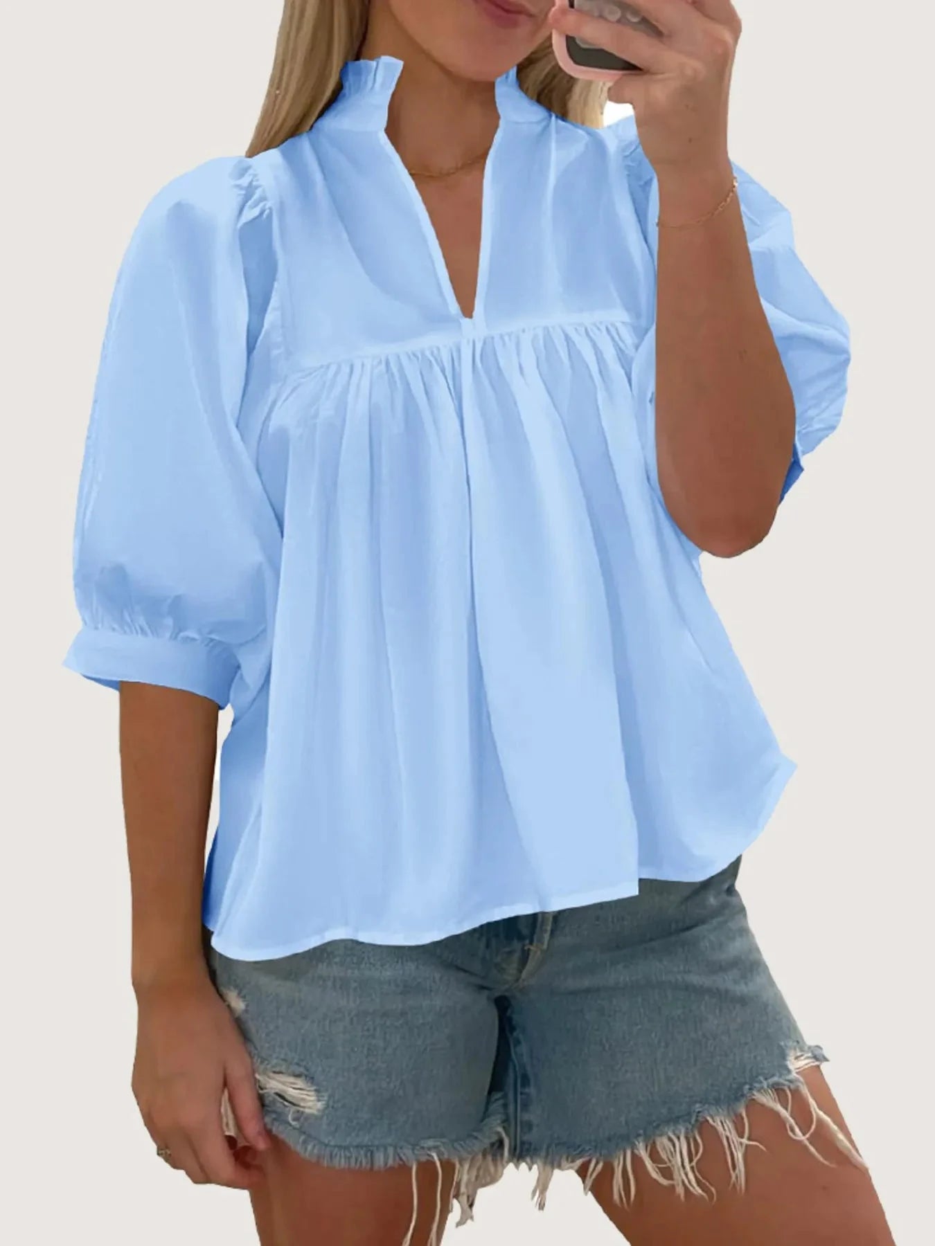 Notched Puff Sleeve Blouse
