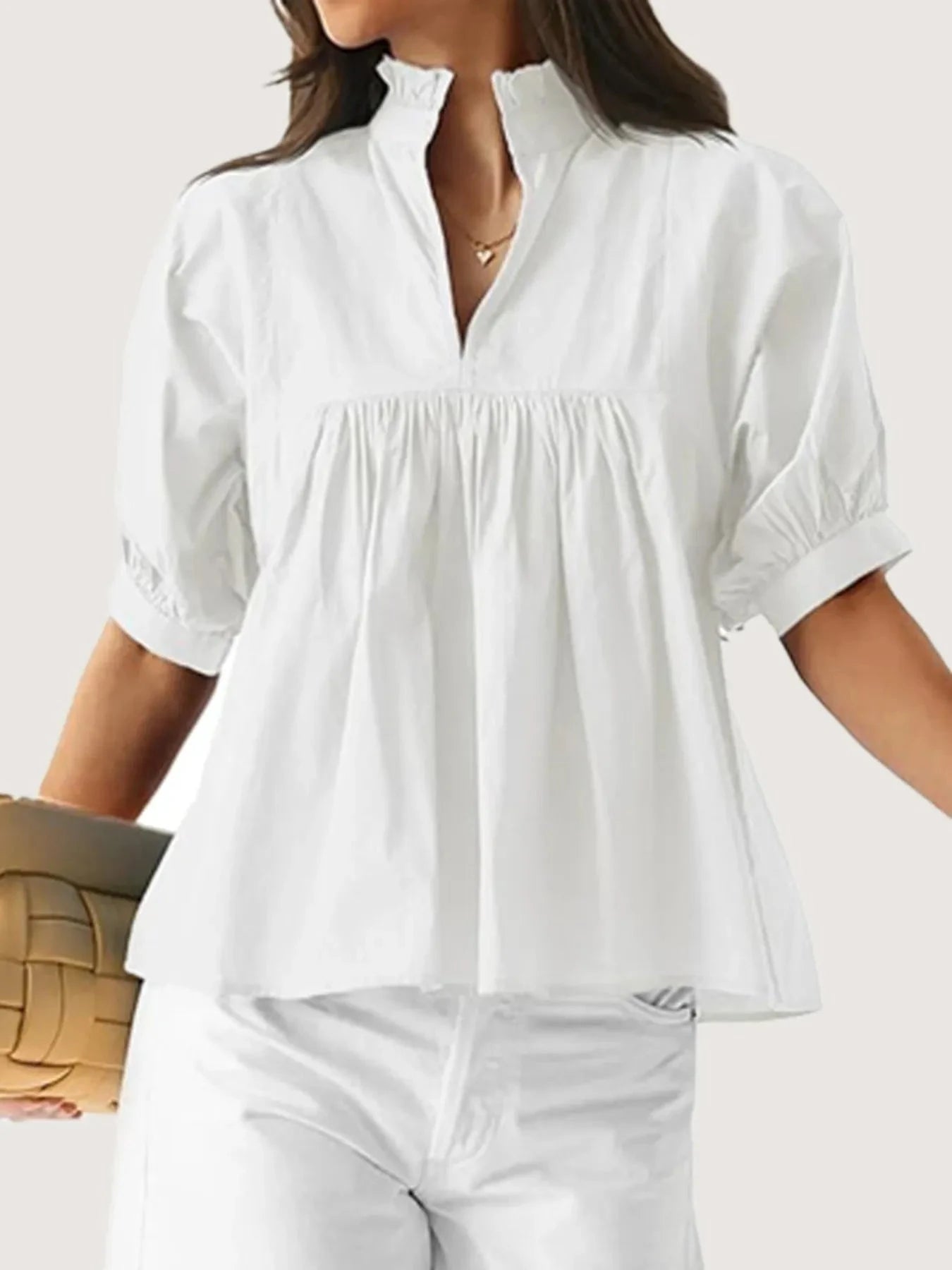 Notched Puff Sleeve Blouse White / S