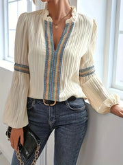 Notched Textured Balloon Sleeve Blouse