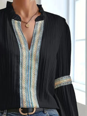 Notched Textured Balloon Sleeve Blouse