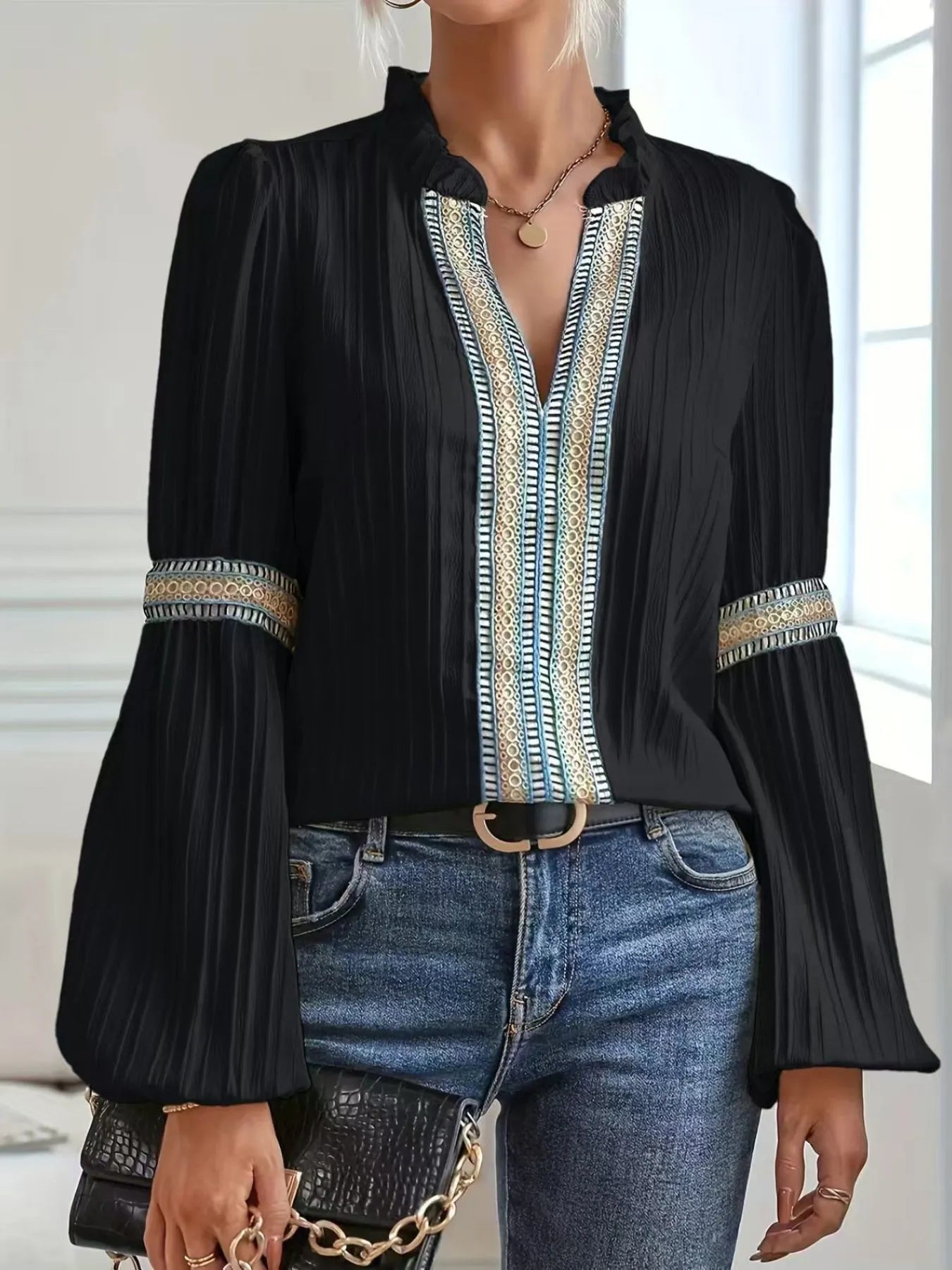 Notched Textured Balloon Sleeve Blouse Black / S