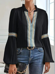 Notched Textured Balloon Sleeve Blouse Black / S