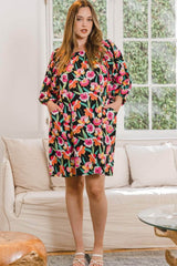 ODDI Full Size Floral Puff Sleeve Mini Dress