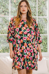 ODDI Full Size Floral Puff Sleeve Mini Dress Black Multi / S