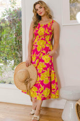 ODDI Full Size Floral Smocked Ruffled Midi Dress Hot Pink Multi / S