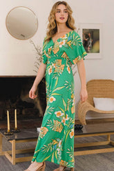 ODDI Full Size Floral Smocked Tied Back Maxi Dress Green Multi / S