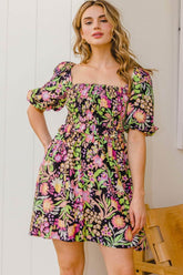ODDI Full Size Floral Tie-Back Mini Dress Black Multi / S