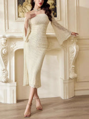 Off-Shoulder Flare Sleeve Dress Apricot / S