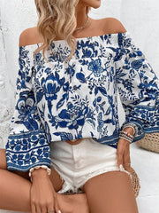 Off-Shoulder Floral Print Blouse Blue / S