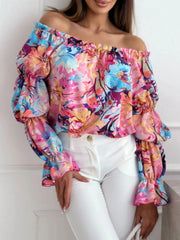 Off-Shoulder Floral Ruffle Blouse with Elastic Neckline