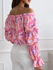 Off-Shoulder Floral Ruffle Blouse with Elastic Neckline
