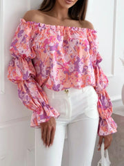 Off-Shoulder Floral Ruffle Blouse with Elastic Neckline