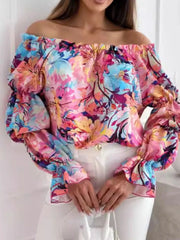 Off-Shoulder Floral Ruffle Blouse with Elastic Neckline Pastel Blue / S