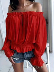 Off-Shoulder Flounce Sleeve Blouse Deep Red / S