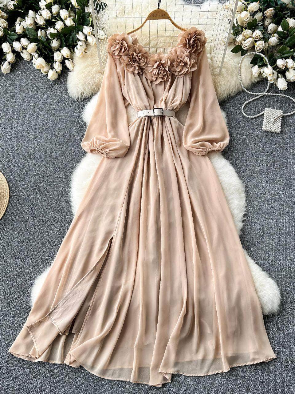Off Shoulder Lantern Sleeved Floral Embroidered Accented Maxi Dress MAX SIZE / Bisque