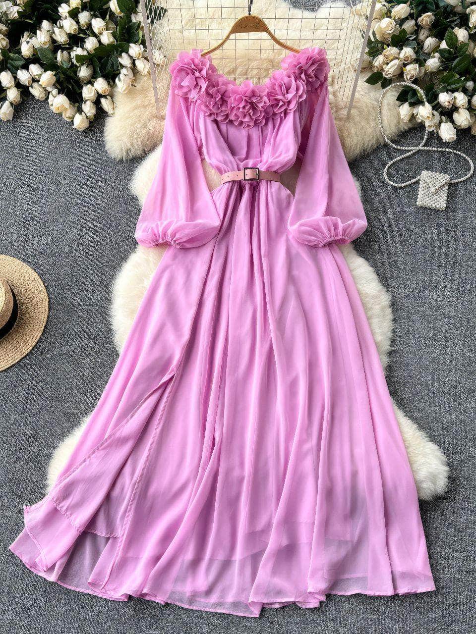 Off Shoulder Lantern Sleeved Floral Embroidered Accented Maxi Dress MAX SIZE / plum
