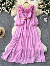 Off Shoulder Lantern Sleeved Floral Embroidered Accented Maxi Dress MAX SIZE / plum