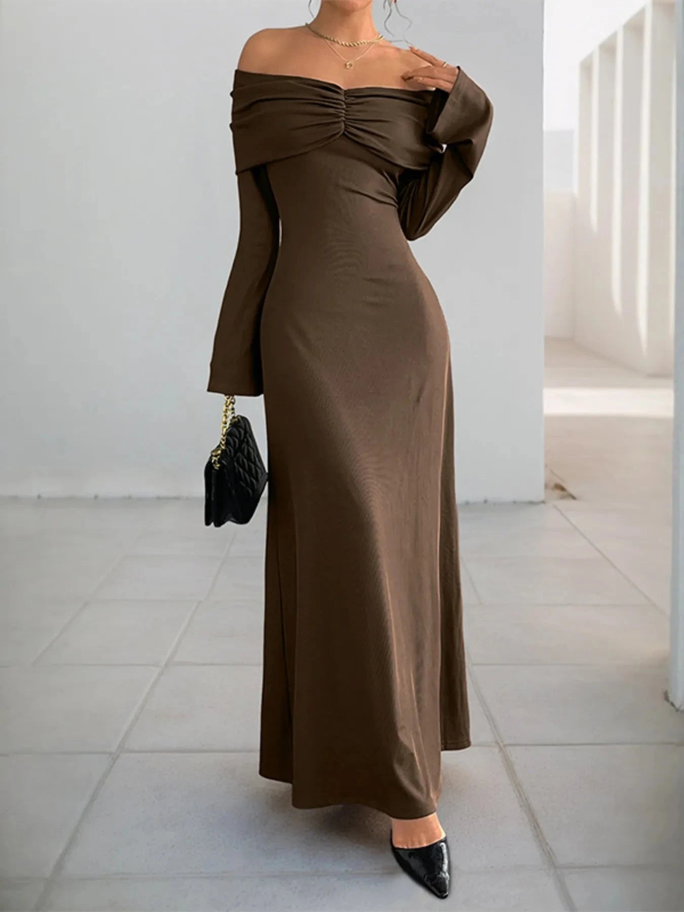 Off-Shoulder Long Sleeve Bodycon Maxi Dress Coffee Brown / S