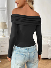 Off-Shoulder Long Sleeve Fitted T-Shirt