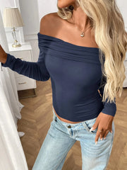 Off-Shoulder Long Sleeve Fitted T-Shirt